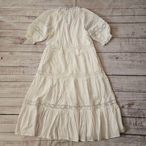 MAYE Lotus White Cotton Crochet Lace Puff Sleeve Midi Dress Womens XS Boho